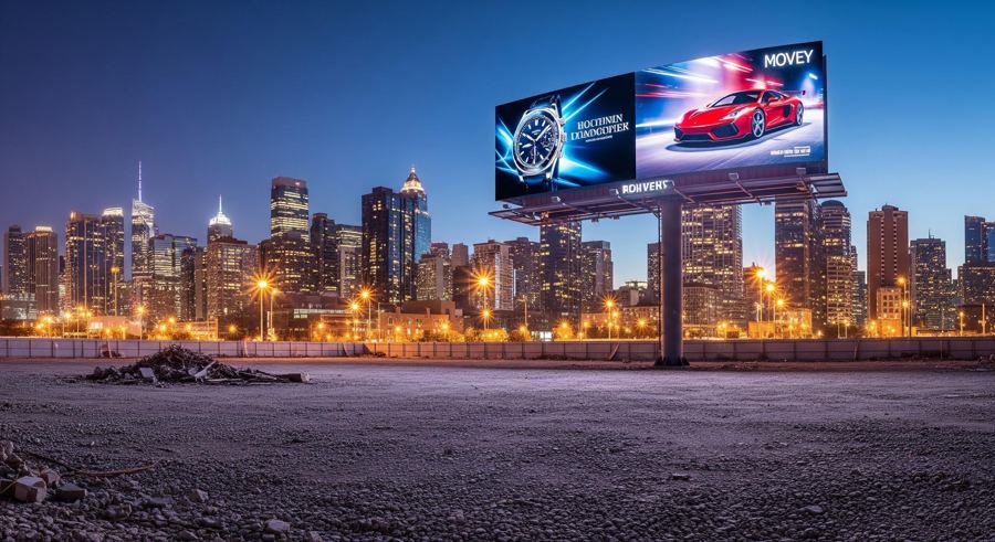 Painel de LED em terreno vazio, ao entardecer, com a cidade ao fundo