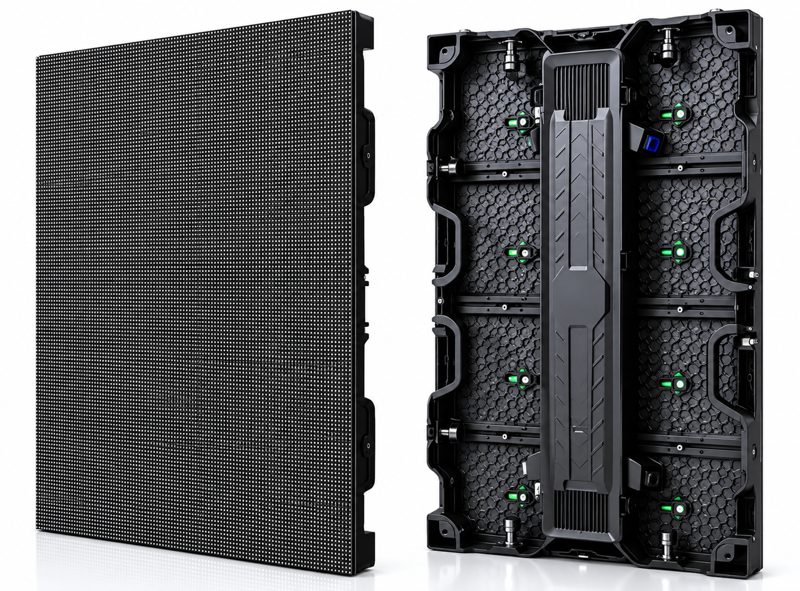 Gabinete de LED de 50 por 100 cm, visto de frente e de trás