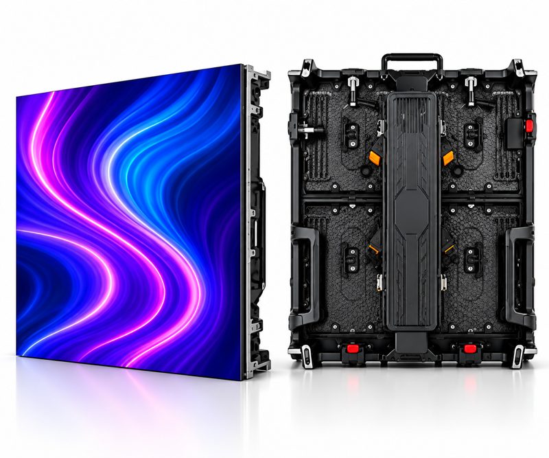 Gabinete de LED de 50 por 50 cm, visto de frente e de trás