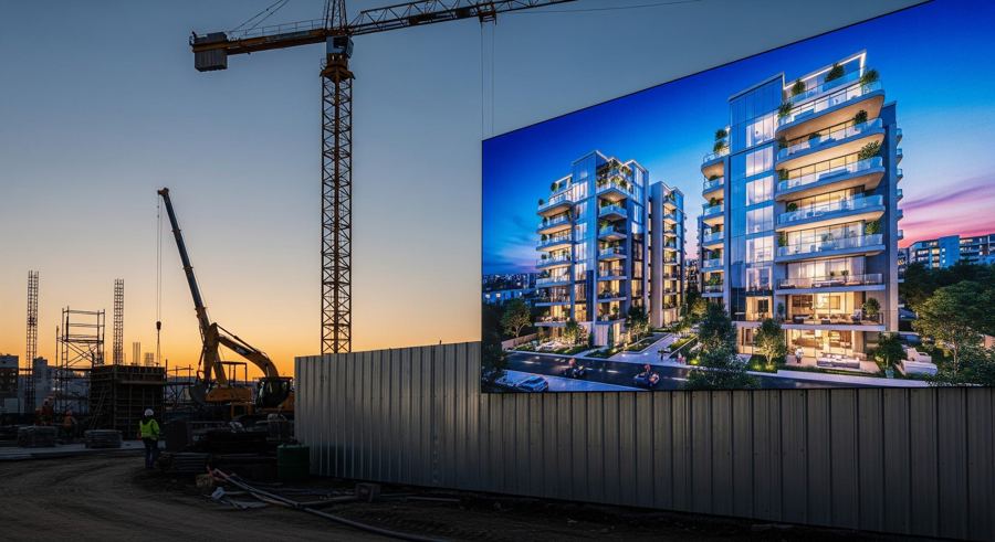 Painel de LED no tapume de um canteiro de obras, exibindo o projeto do empreendimento