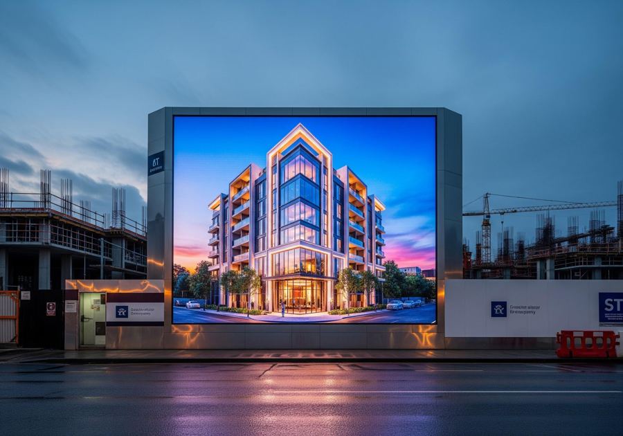 Painel de LED em canteiro de obras exibindo o render do prédio em construção