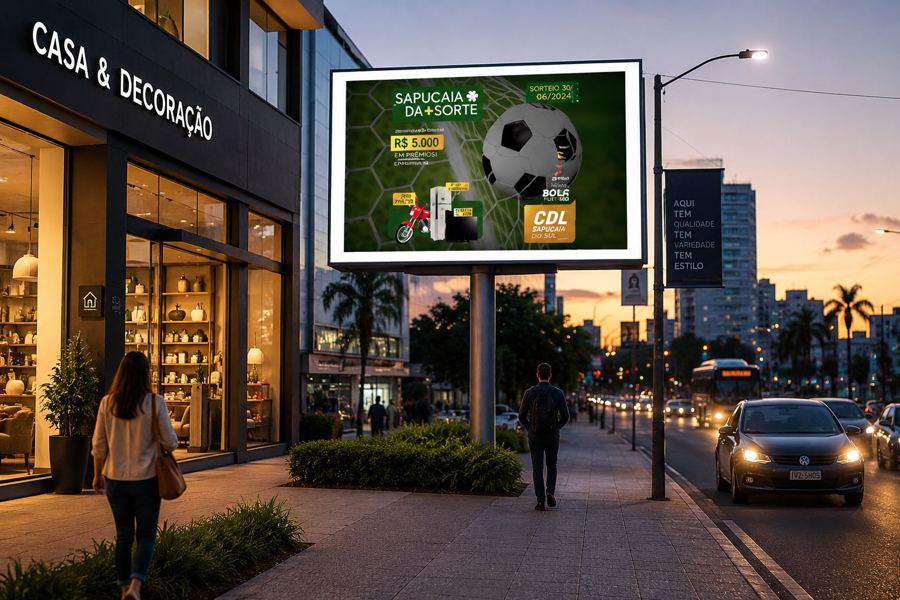 Painel de LED em totem de calçada, ao lado da fachada de uma loja