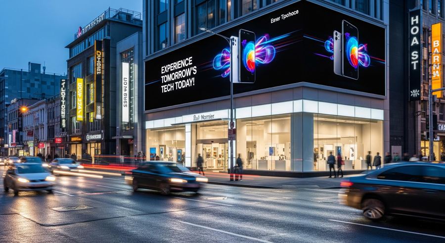Painel de LED na fachada de uma loja, em rua de grande movimento